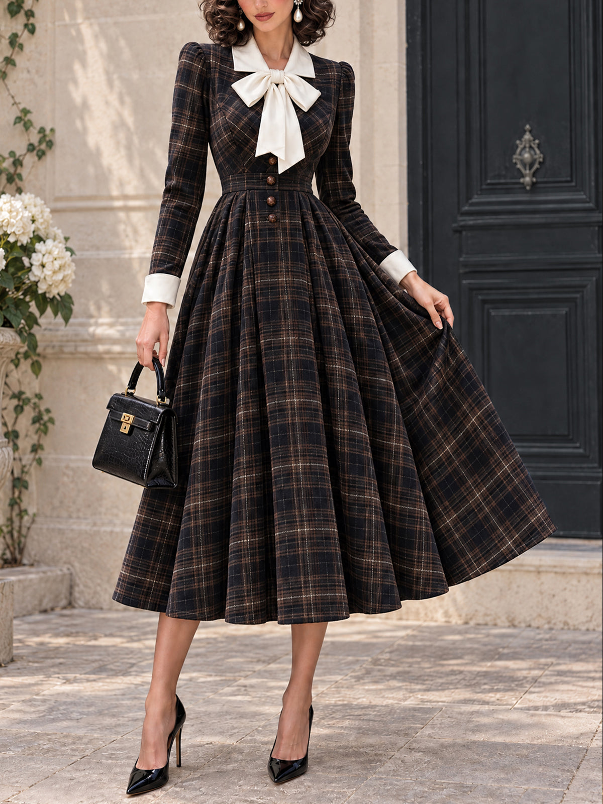 Vintage Bow-Collar Plaid Wool Midi Dress