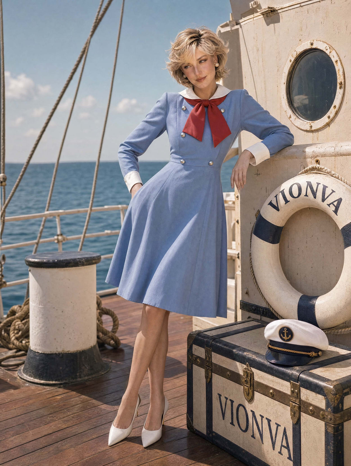 Retro 40s Sailor Red Bow Midi Dress