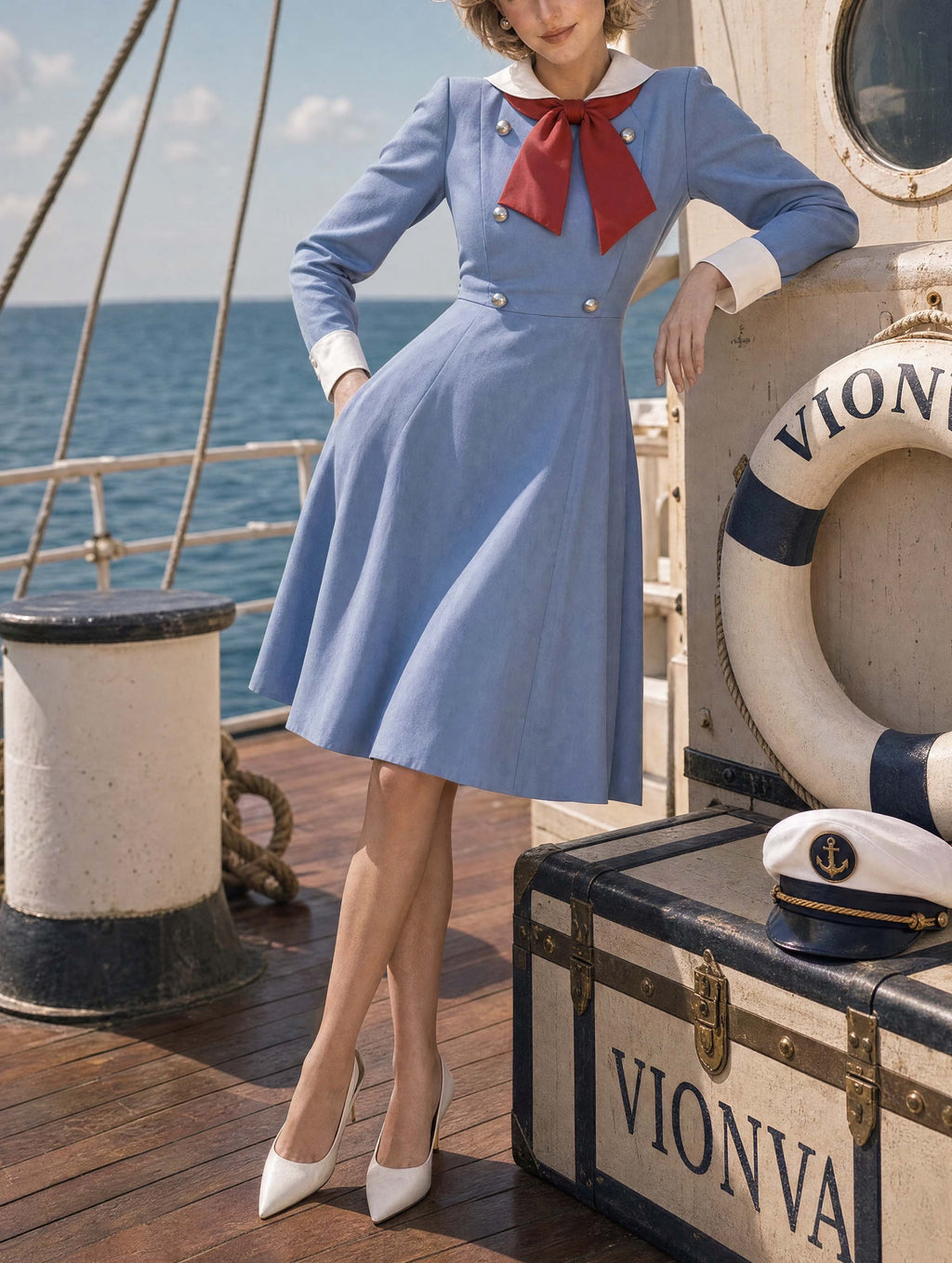 Retro 40s Sailor Red Bow Midi Dress
