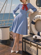 Retro 40s Sailor Red Bow Midi Dress