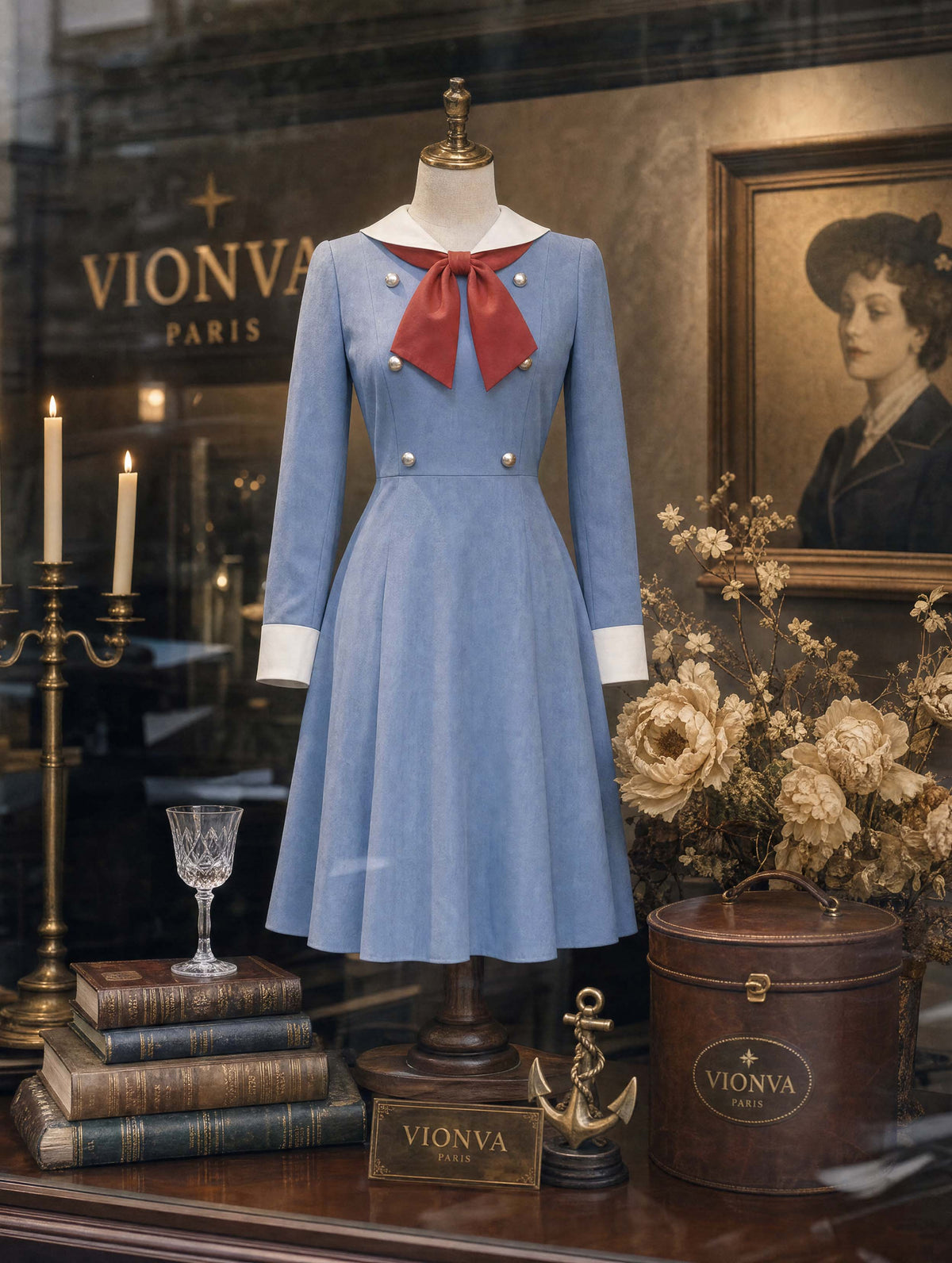 Retro 40s Sailor Red Bow Midi Dress