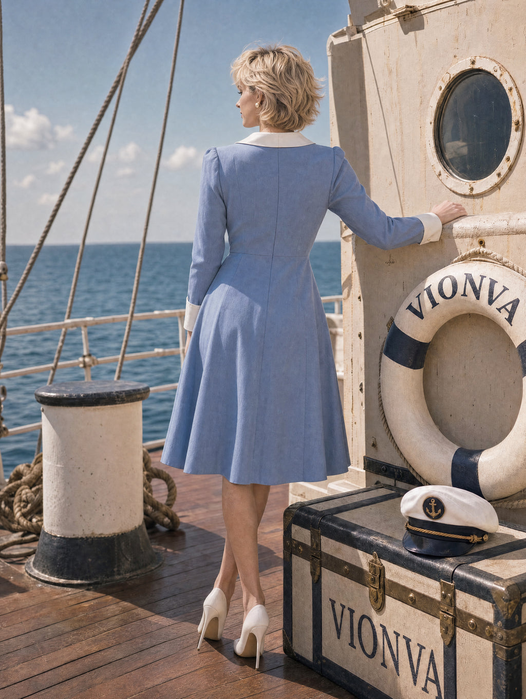 Retro 40s Sailor Red Bow Midi Dress