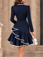 Vintage Navy Blue Contrast-Piping Double-Breasted Ruffle-Hem Blazer Dress