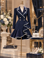 Vintage Navy Blue Contrast-Piping Double-Breasted Ruffle-Hem Blazer Dress