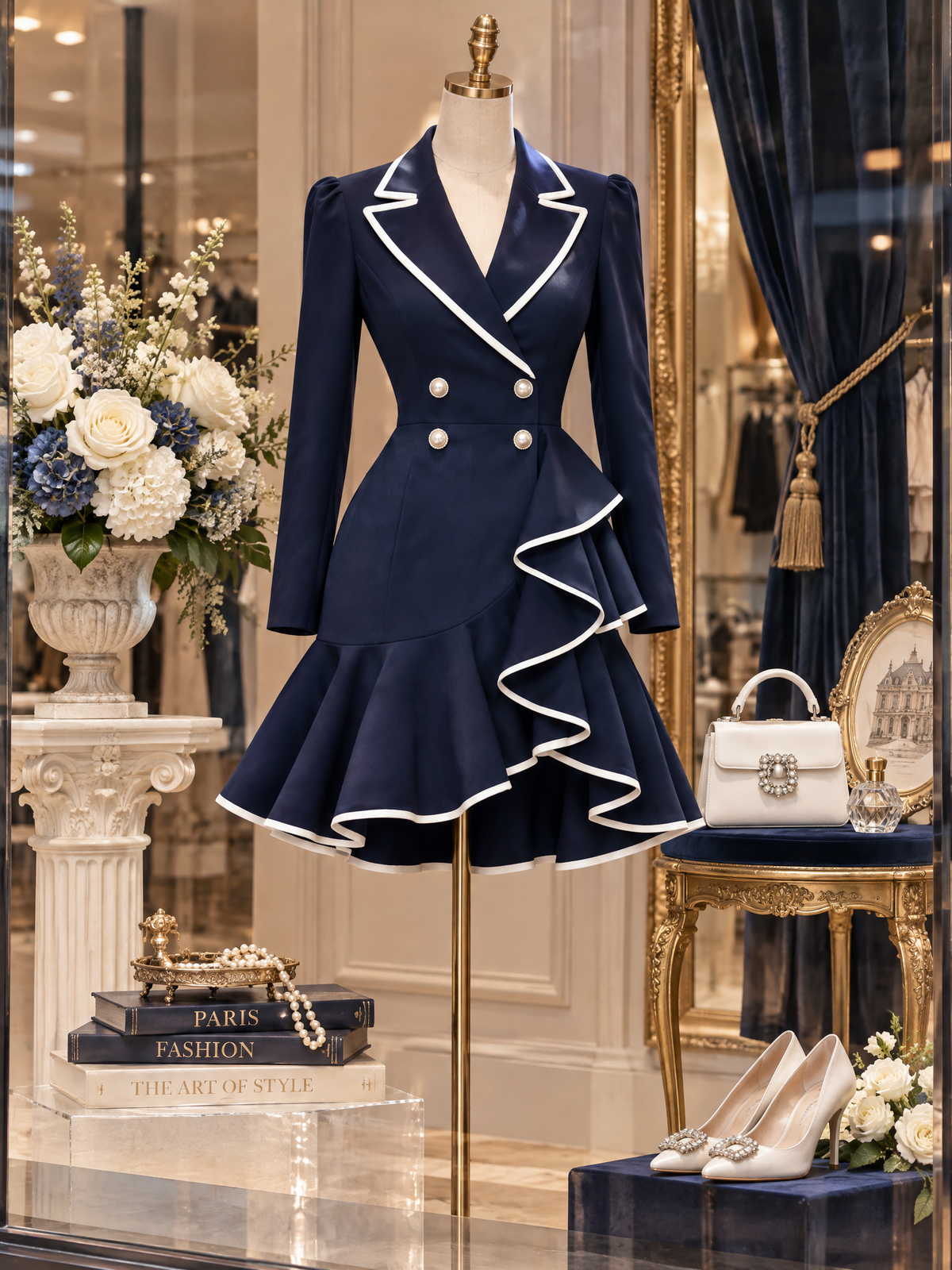 Vintage Navy Blue Contrast-Piping Double-Breasted Ruffle-Hem Blazer Dress