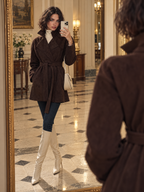 Vintage Faux Suede Belted Women Lapel Long Sleeve Jacket Coat