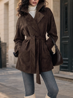 Vintage Faux Suede Belted Women Lapel Long Sleeve Jacket Coat