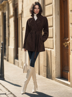 Vintage Faux Suede Belted Women Lapel Long Sleeve Jacket Coat