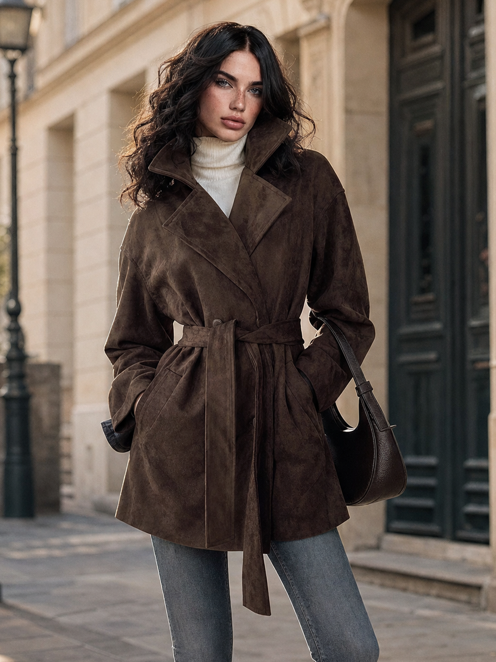Vintage Faux Suede Belted Women Lapel Long Sleeve Jacket Coat