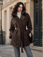 Vintage Faux Suede Belted Women Lapel Long Sleeve Jacket Coat