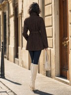 Vintage Faux Suede Belted Women Lapel Long Sleeve Jacket Coat