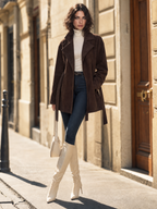 Vintage Faux Suede Belted Women Lapel Long Sleeve Jacket Coat