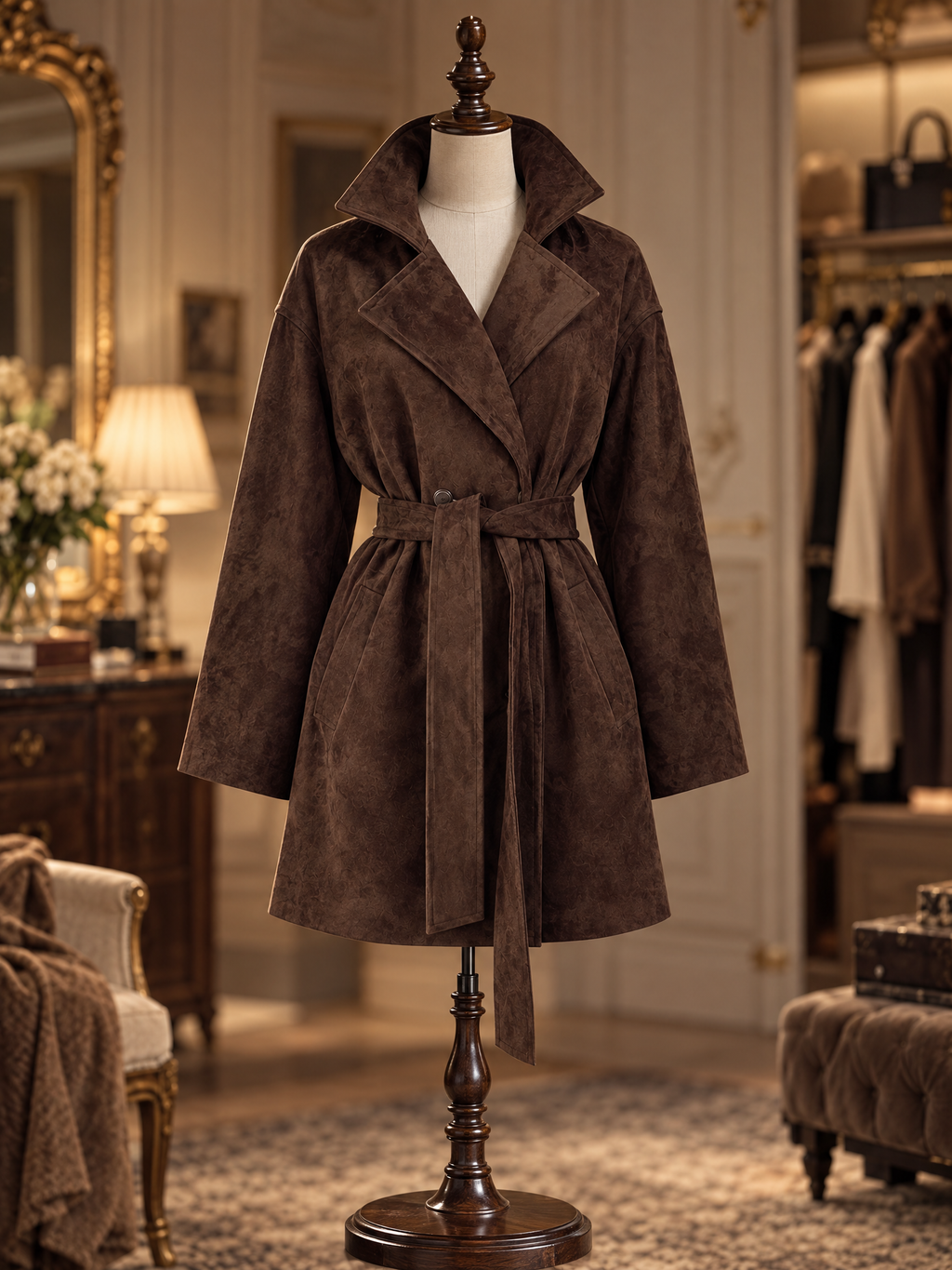 Vintage Faux Suede Belted Women Lapel Long Sleeve Jacket Coat