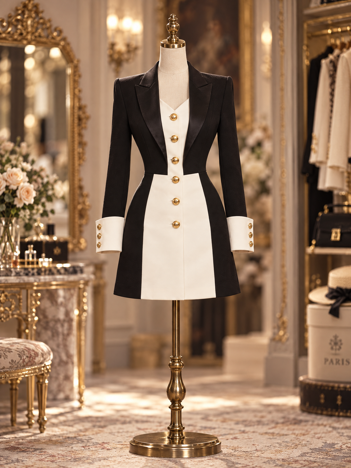 Vintage Color Block V-Neck Metal Button Fitted Blazer Mini Dress