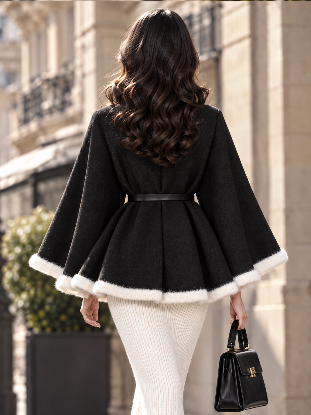 Vintage White Faux Fur Trim And Batwing Sleeves Wool Blend Flared Coat