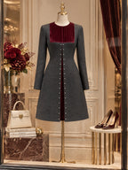 Vintage Velvet-Yoke Pearl-Stud Mini Dress