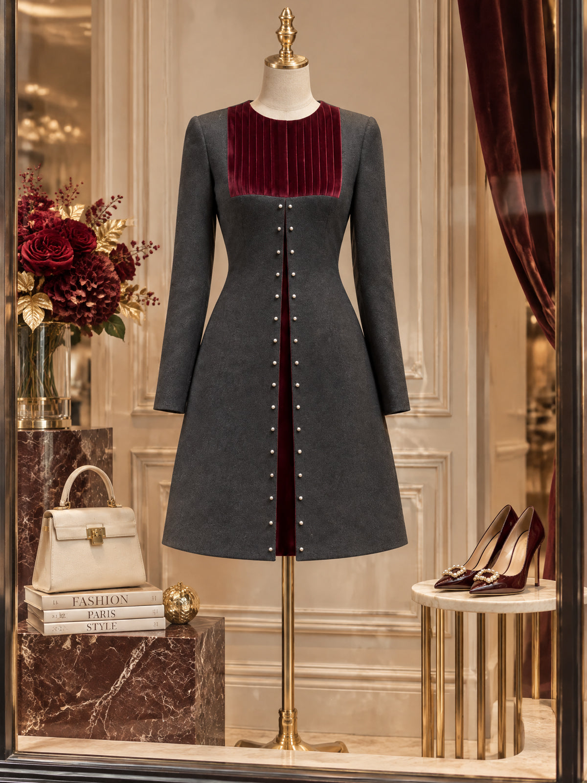 Vintage Velvet-Yoke Pearl-Stud Mini Dress