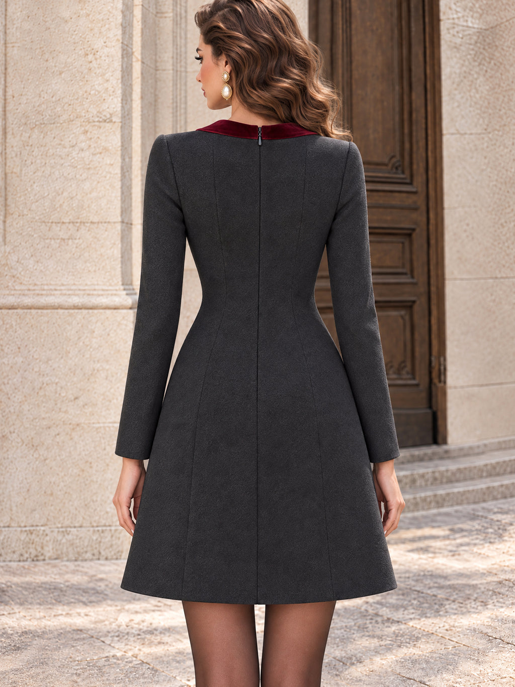 Vintage Velvet-Yoke Pearl-Stud Mini Dress