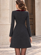 Vintage Velvet-Yoke Pearl-Stud Mini Dress