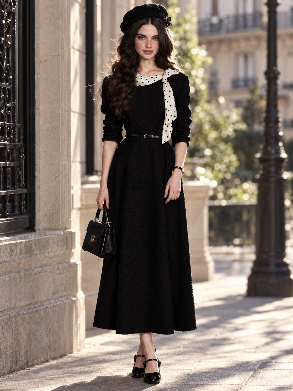 Vintage Polka Dot Tie Neck Knit Belted Midi Dress