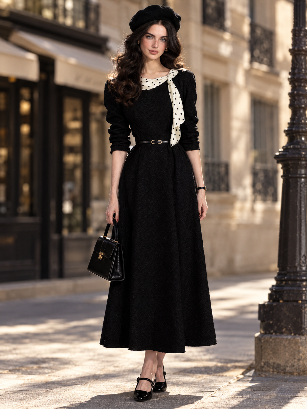 Vintage Polka Dot Tie Neck Knit Belted Midi Dress