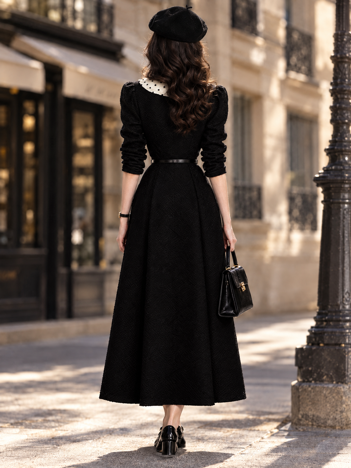 Vintage Polka Dot Tie Neck Knit Belted Midi Dress
