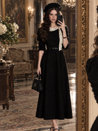 Vintage Polka Dot Tie Neck Knit Belted Midi Dress