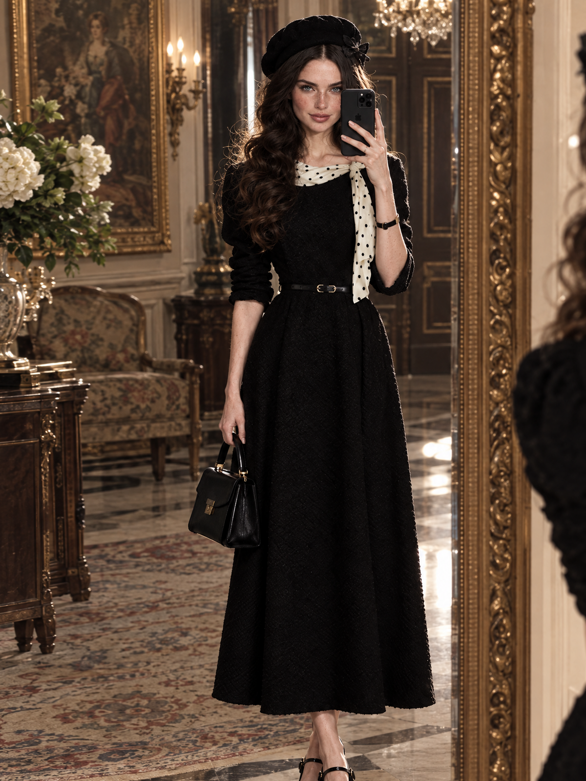 Vintage Polka Dot Tie Neck Knit Belted Midi Dress