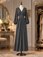 Vintage V-Neck Lantern Sleeve Gathered Waist Flowy Maxi Dress