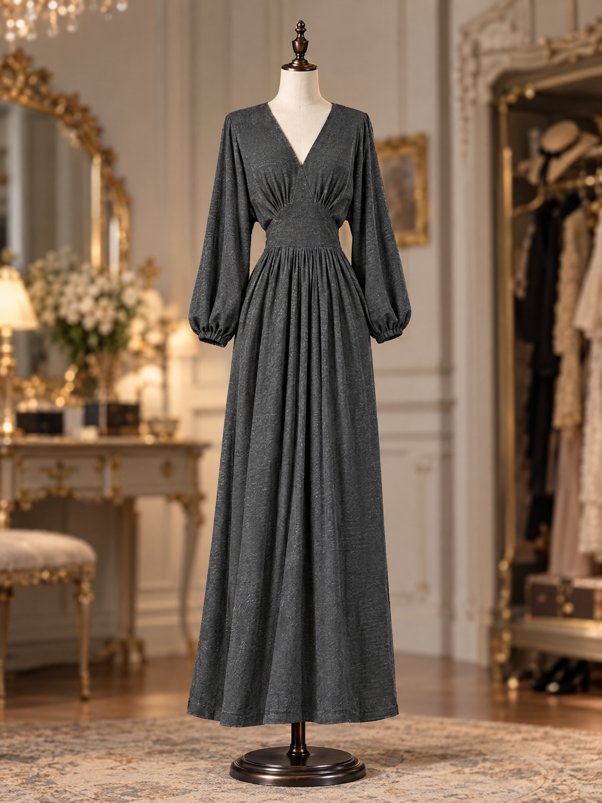 Vintage V-Neck Lantern Sleeve Gathered Waist Flowy Maxi Dress