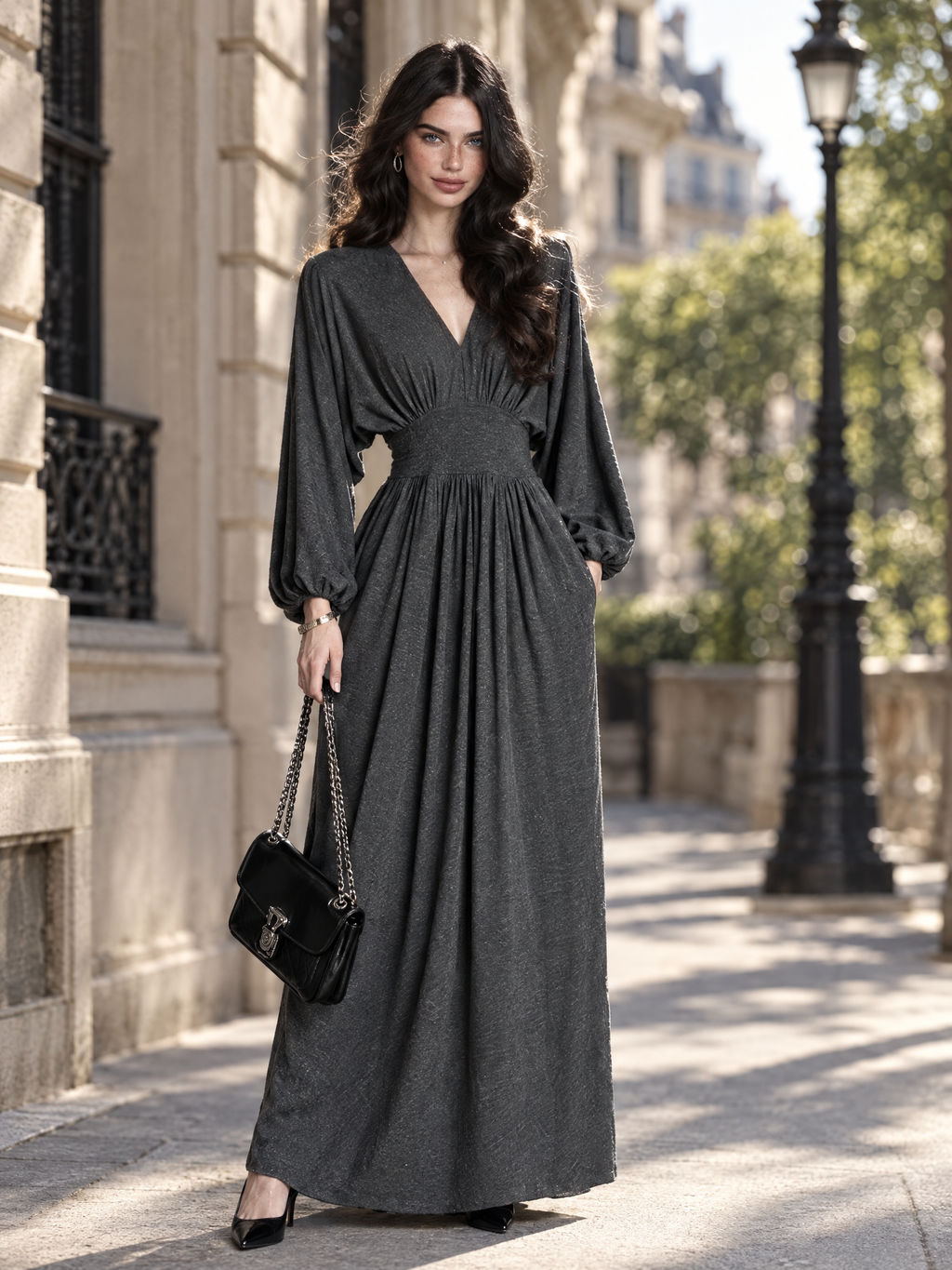 Vintage V-Neck Lantern Sleeve Gathered Waist Flowy Maxi Dress