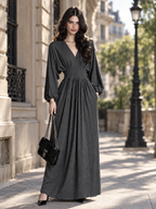 Vintage V-Neck Lantern Sleeve Gathered Waist Flowy Maxi Dress