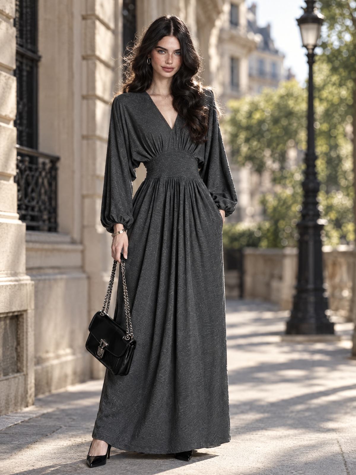 Vintage V-Neck Lantern Sleeve Gathered Waist Flowy Maxi Dress