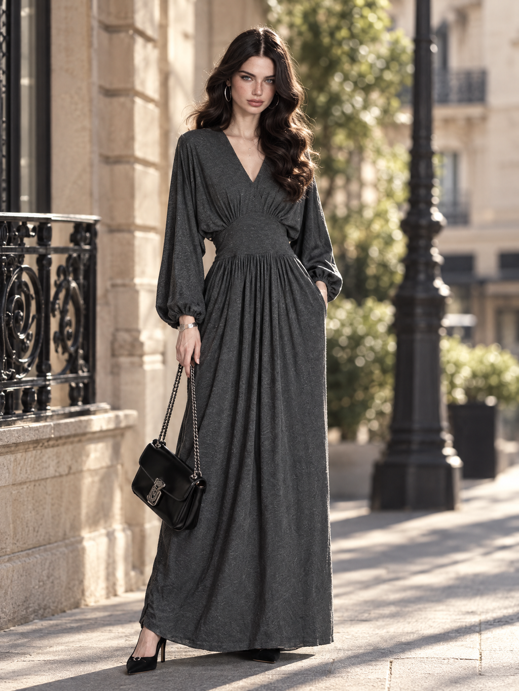 Vintage V-Neck Lantern Sleeve Gathered Waist Flowy Maxi Dress