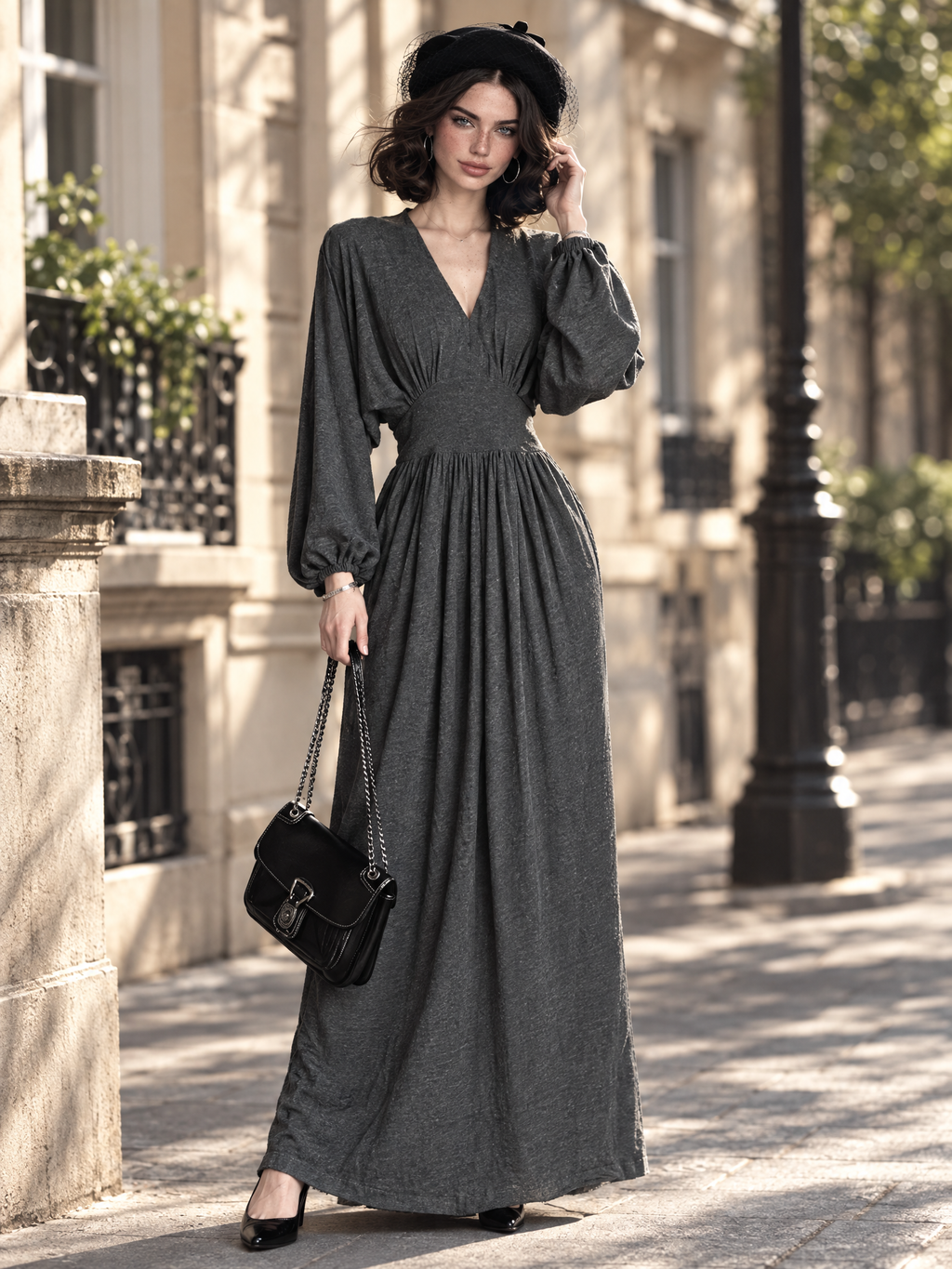 Vintage V-Neck Lantern Sleeve Gathered Waist Flowy Maxi Dress