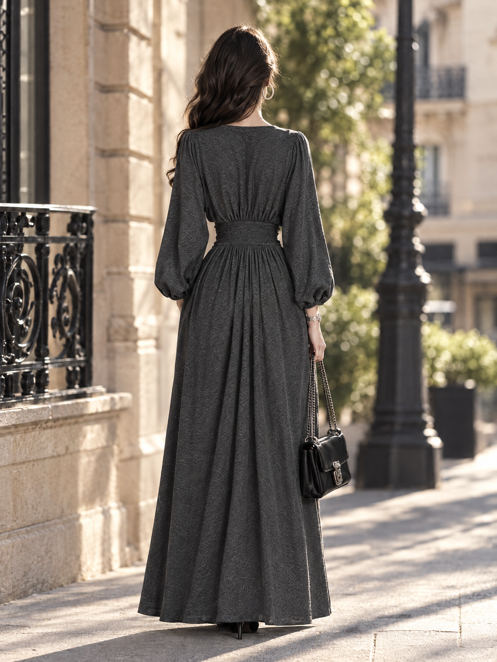 Vintage V-Neck Lantern Sleeve Gathered Waist Flowy Maxi Dress