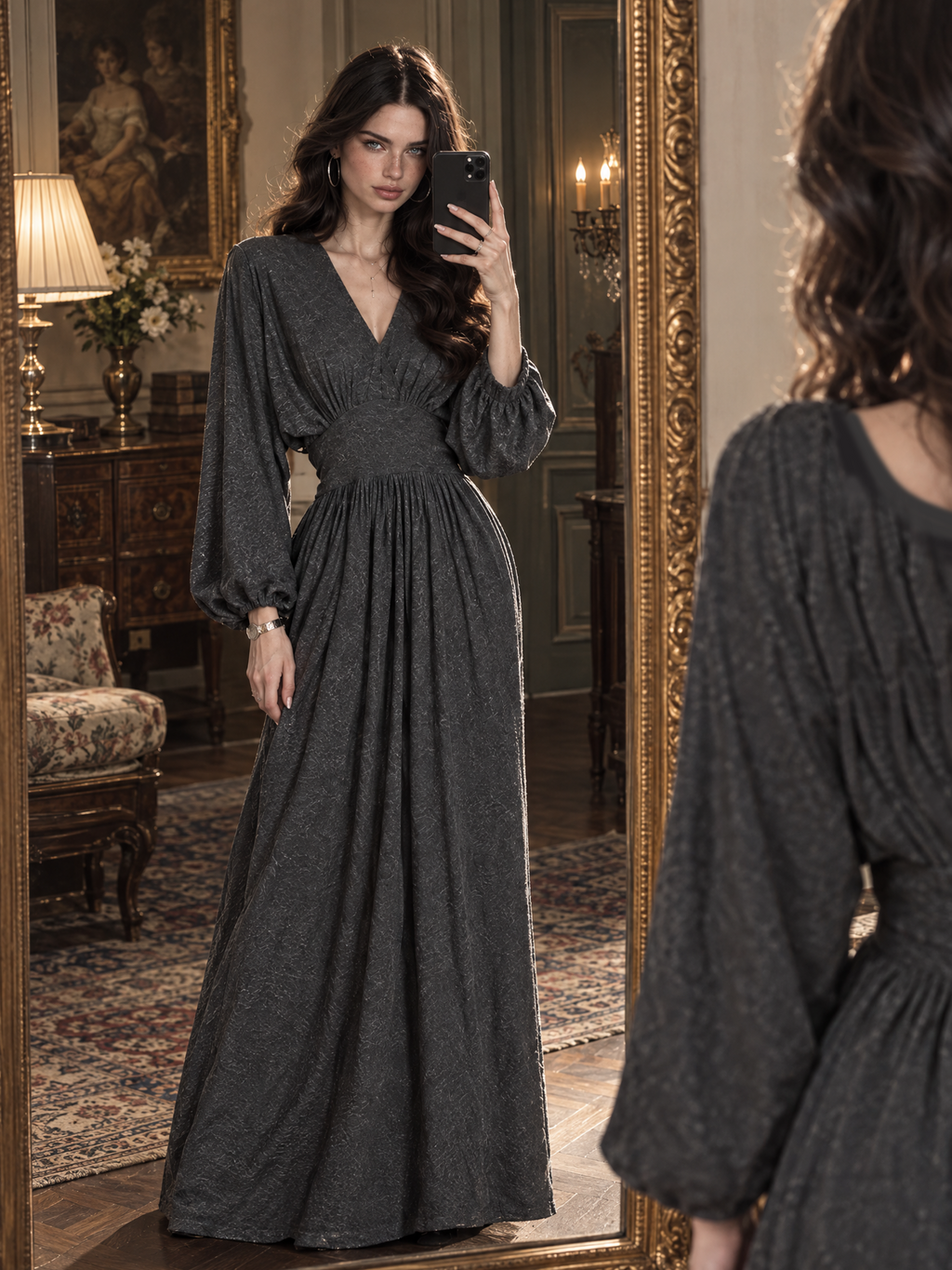 Vintage V-Neck Lantern Sleeve Gathered Waist Flowy Maxi Dress