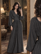 Vintage V-Neck Lantern Sleeve Gathered Waist Flowy Maxi Dress