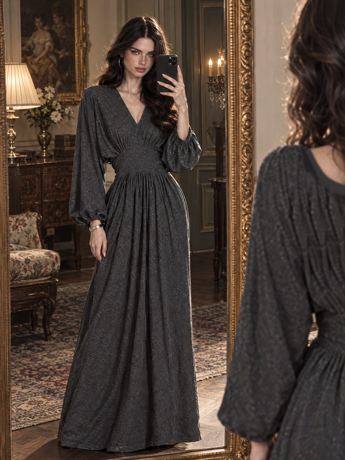 Vintage V-Neck Lantern Sleeve Gathered Waist Flowy Maxi Dress