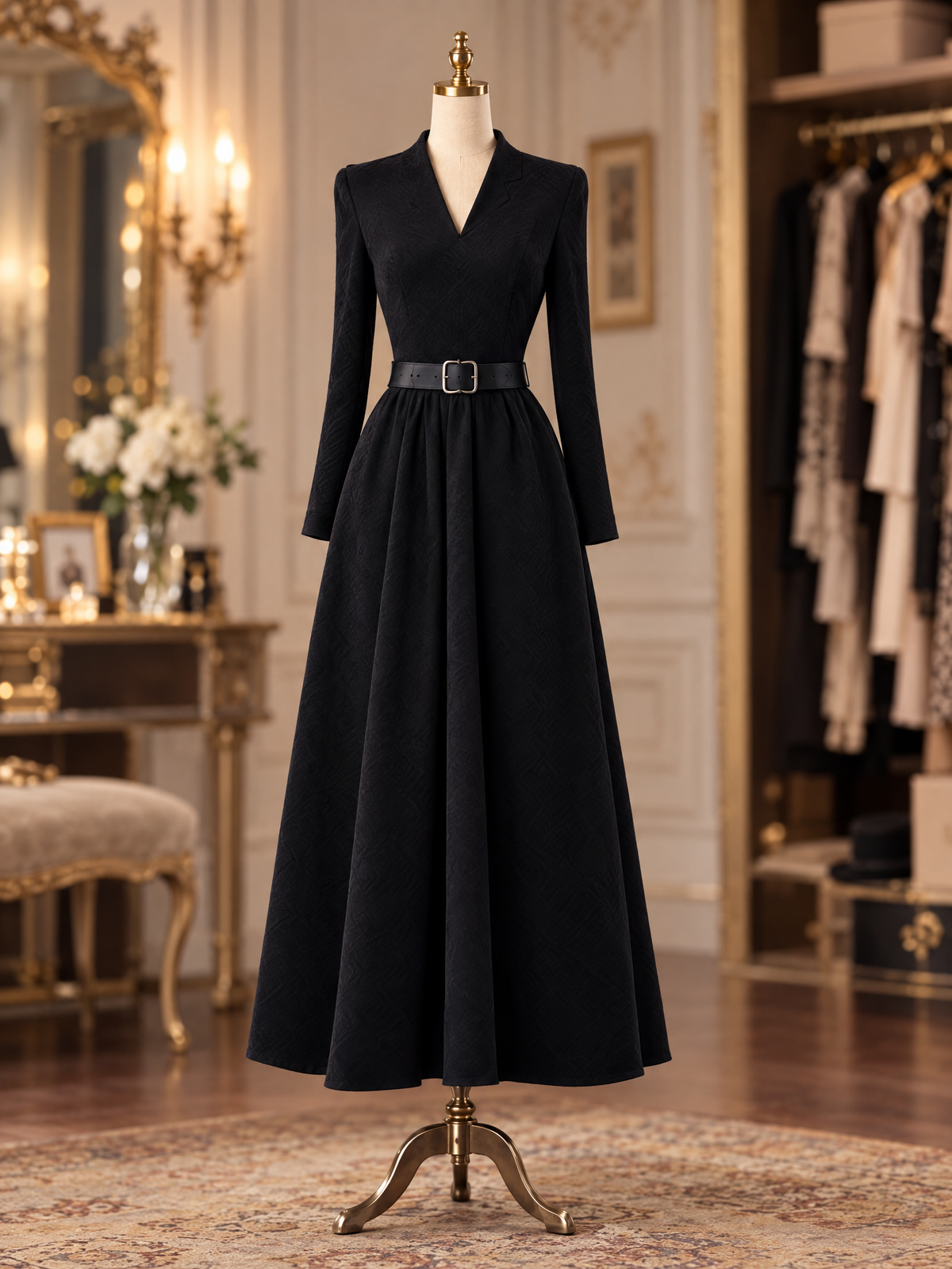 Vintage V-Neck Long Sleeve Elegant Belted Flared Midi Dress