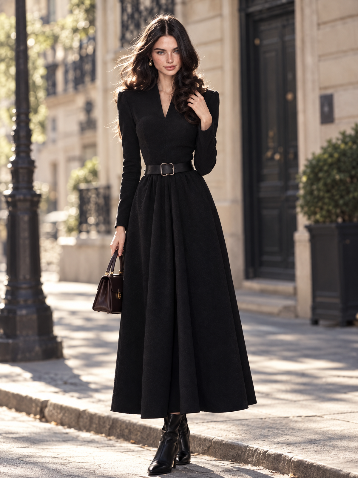 Vintage V-Neck Long Sleeve Elegant Belted Flared Midi Dress
