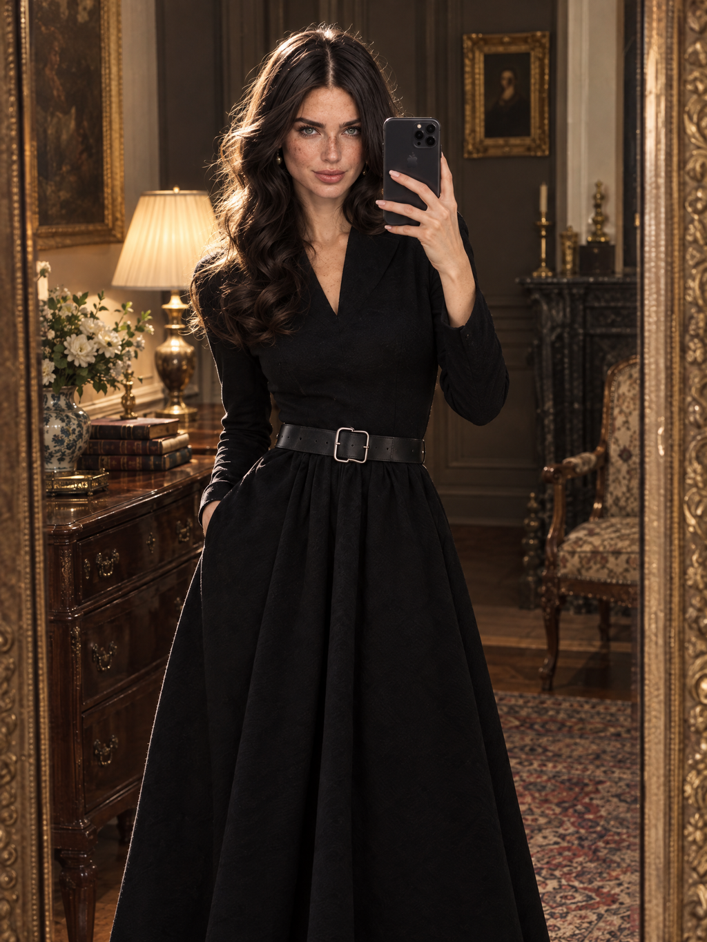 Vintage V-Neck Long Sleeve Elegant Belted Flared Midi Dress