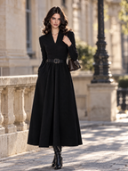 Vintage V-Neck Long Sleeve Elegant Belted Flared Midi Dress
