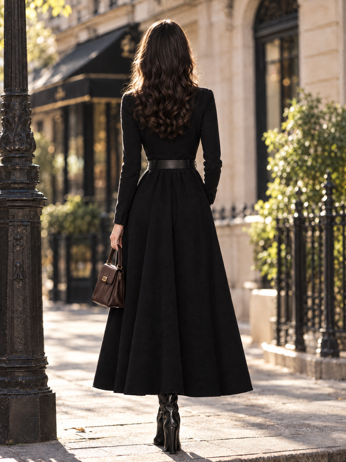 Vintage V-Neck Long Sleeve Elegant Belted Flared Midi Dress