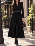 Vintage V-Neck Long Sleeve Elegant Belted Flared Midi Dress