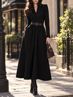 Vintage V-Neck Long Sleeve Elegant Belted Flared Midi Dress