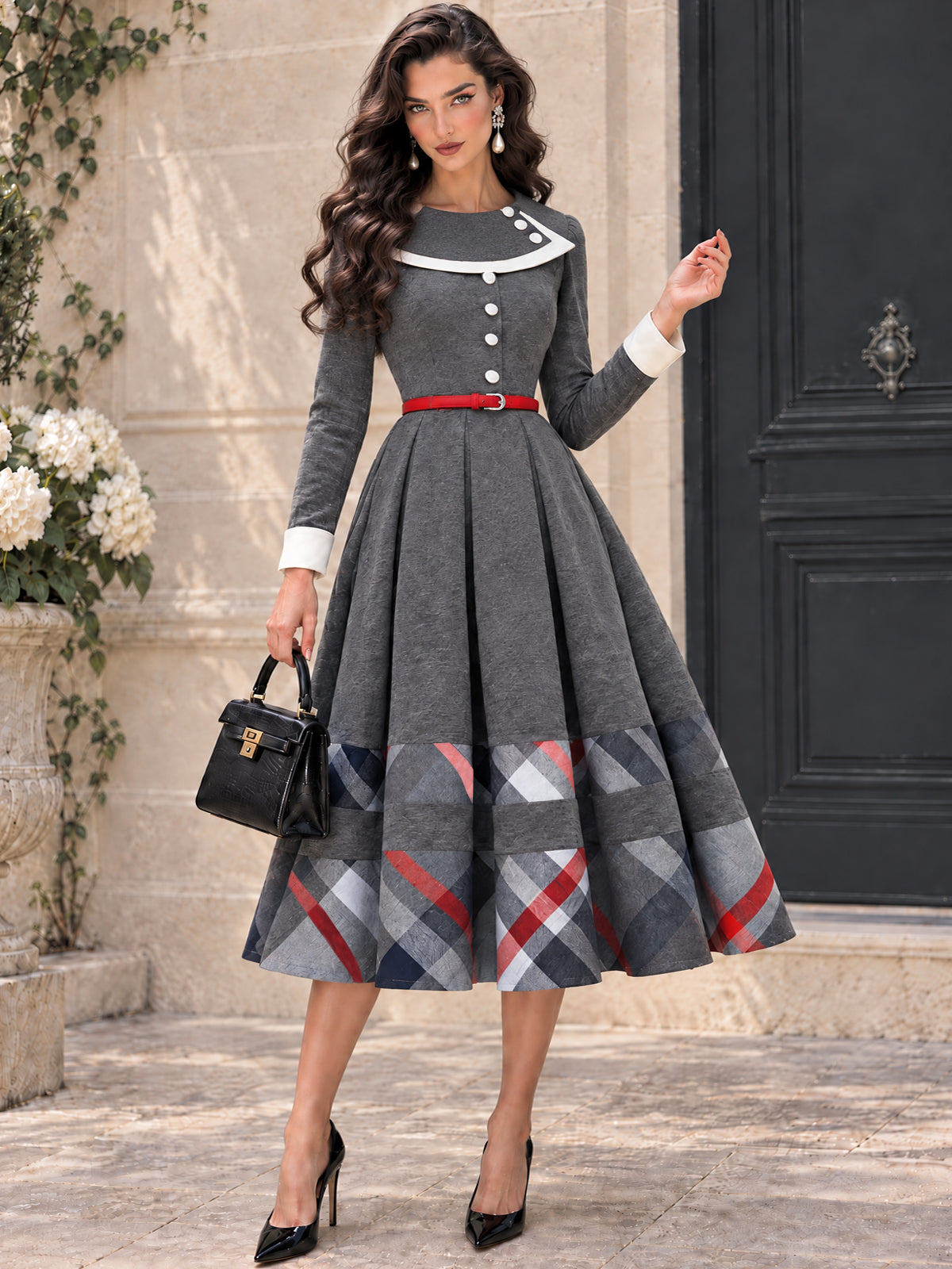 Vintage Plaid Hem Belted Pleated Midi Dress