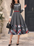 Vintage Plaid Hem Belted Pleated Midi Dress
