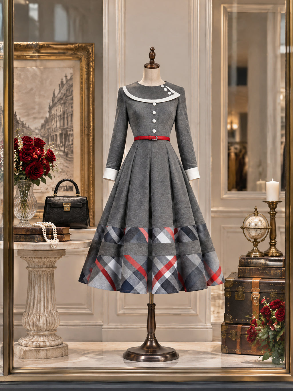 Vintage Plaid Hem Belted Pleated Midi Dress