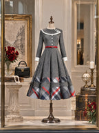 Vintage Plaid Hem Belted Pleated Midi Dress